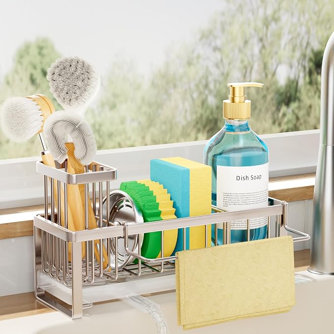 SWTYMIKI Sponge Holder for Kitchen Sink - Sink Caddy with Brush Holder Self-draining Sponge Caddy Organizer with Divider Stainless Steel Kitchen Accessories Storage for Countertop, Sand Nickel by SwtyMiki-TidyHomeSweetLife