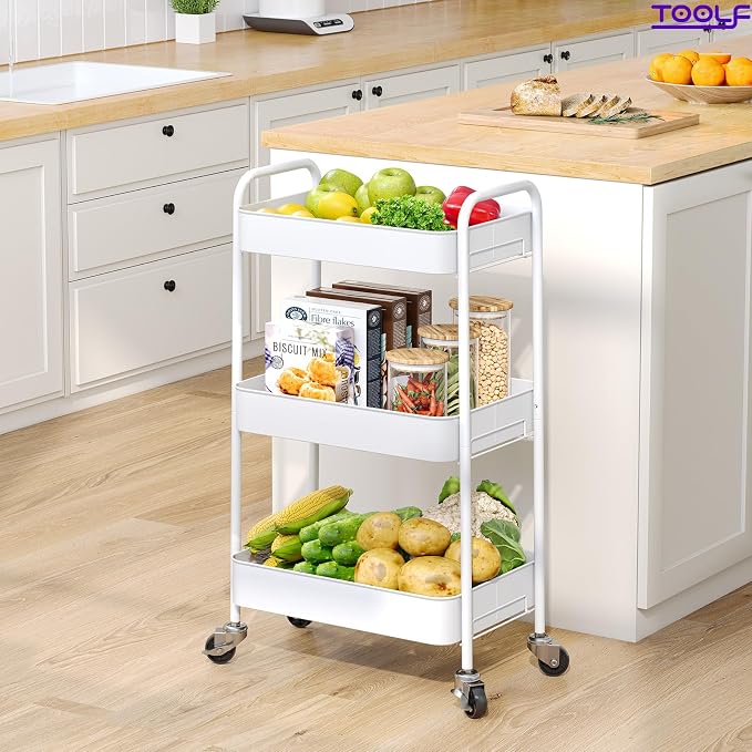 TOOLF 3 Tier Metal Rolling Cart, Utility Storage Cart with Wheels, White | Screwless Assembly, Lockable Metal Wheels, Trolley Organizer for Bathroom, Kitchen, Office, Dorm, Laundry, Craft Room - Image 7