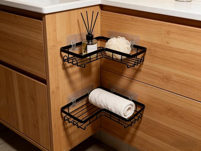 Shower Caddy 2 Pack, No Drilling Adhesive Bathroom Organizer Shelf Rack, Corner Shower Shelf with Hooks for Home Decor & Storage - Image 7