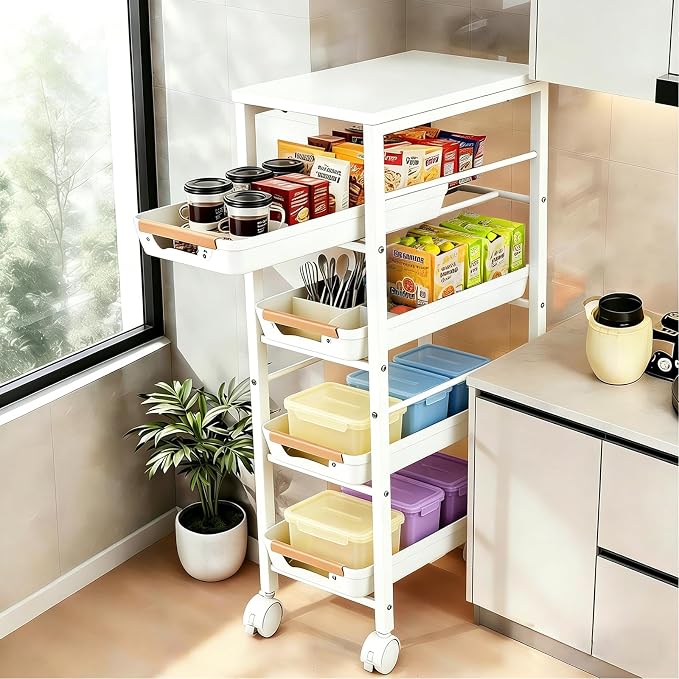 Slim Storage Cart with Wheels Pull-Out 5-Tier Rolling Storage Cart | narrow white 9.45in Wide, Mesh Baskets with Raised Edge, Wood-Grain Top, 360° Lockable Casters, Easy Assembly by Unknown