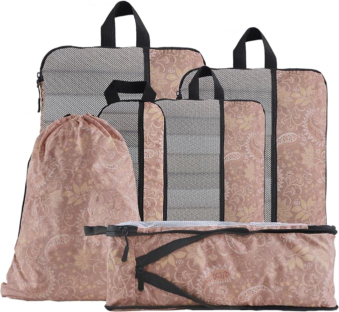 U+U 6 Set Compression Packing Cubes, Travel Organizers (Paisley Pattern) | Space-Saving & Drawstring Bag Included by UU
