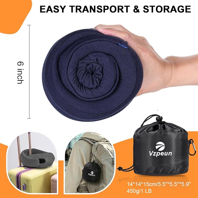 Travel Pillow - Hooded Neck Pillow Airplane Memory Foam Filling | for Plane, Office, Cars Sleeping, Road Trip, Long Flights Essentials, Includes Eye Mask & Earplugs (Navy) - Image 7
