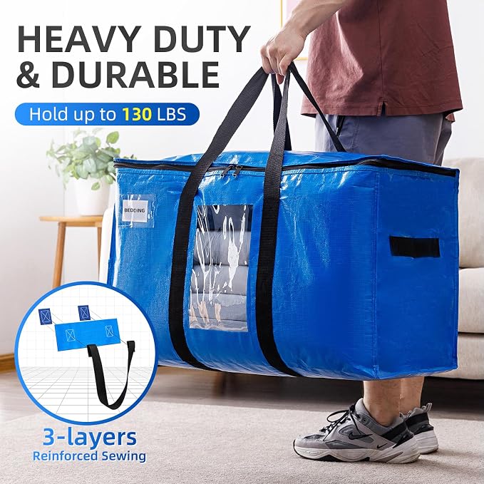 TAILI 2 Pack Blue Extra Large Moving Bags,Storage Bags with Visible Window | 93L Heavy Duty Totes For Storage,Wrap Around Handles,Alternative to Moving Boxes, College Dorm,Perfect for Moving - Image 6