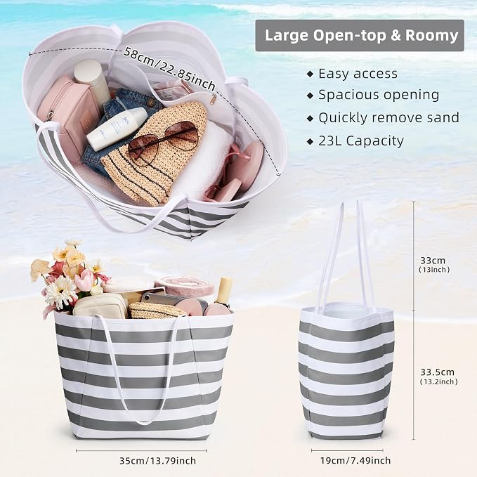 KALIDI Beach Tote Bag Women Large Waterproof Sandproof Shoulder Handbags | Foldable Grocery Bag Striped Pool Bag Lightweight Travel Purse for Picnic Travel Vacation Casual Errands Everyday Daily - Image 5