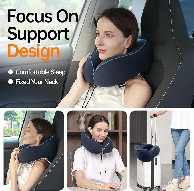 Travel Pillows for Airplanes,100% Pure Memory Foam Travel Neck Pillow | Washable Cotton Cover,Comes with 3D Eye Mask,Earplugs,Storage Bag,Ideal Travel Gift,Relieve Neck Pressure,Navy Blue - Image 9