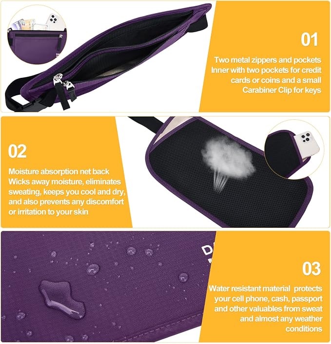 RFID Blocking Money Belt for Men Women, Slim Fanny Pack For Travel，Running,Conceal Waist Wallet For Passport Holder,Phone,Cash(Dark Purple), Dark Purple, Rfid Blocking & Belt Wide:1inch - Image 4