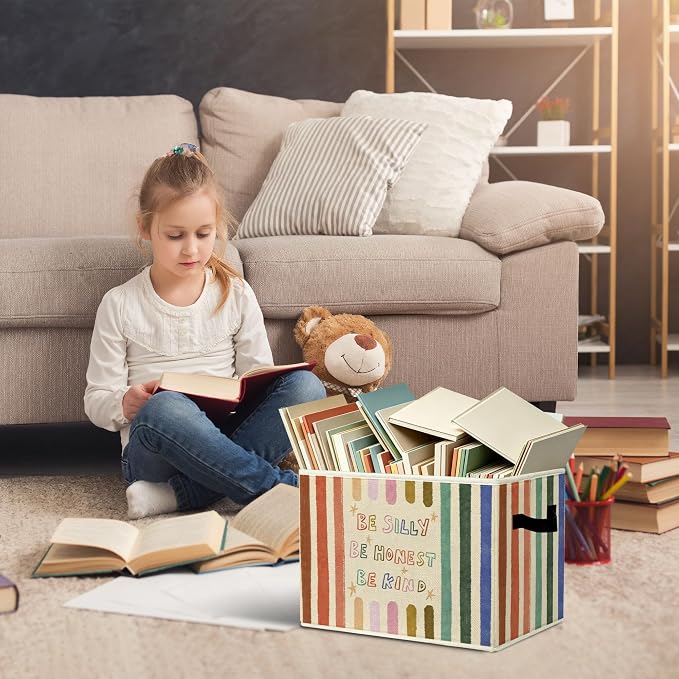 Rustic Inspirational Storage Bins & Boxes with Handles, Toys Books Clothes, Be Silly Honest Kind Colorful Striped Nursery Foldable Basket for Organizing Bedroom Toddler Room Playroom - Image 5