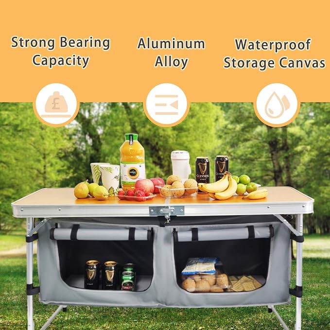 Folding Camping Table with Storage Lightweight Camp Tables Portable Indoor/Outdoor Collapsible Table Height Adjustable Camp Kitchen Perfect for Picnic, Beach, Travel, Tailgating, Backyards, BBQ, Party - Image 3