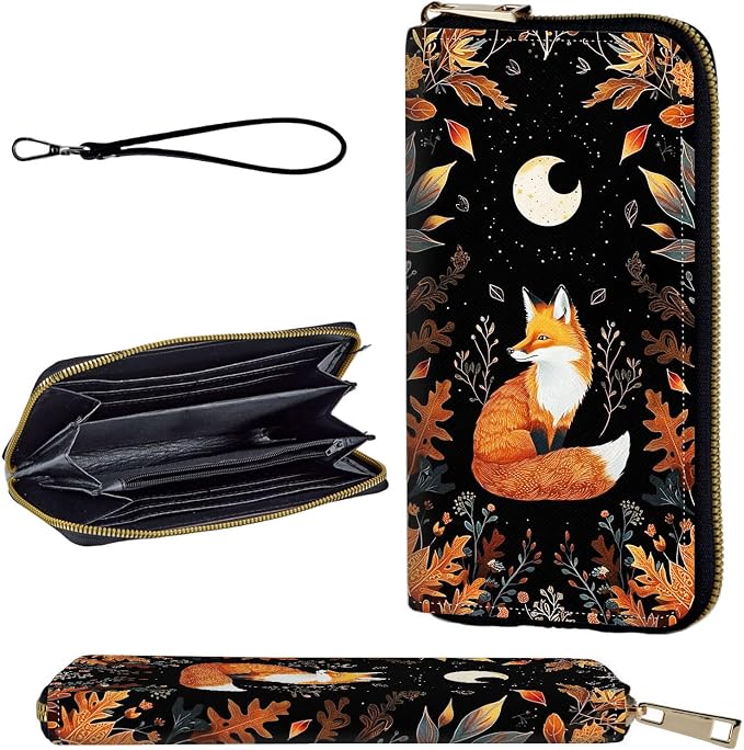 Wallet,Leather Long Wallet Suitable For Ladies And Teenagers - Detachable Wristband + RFID Travel Wallet With Card Slot - Cute Fox Moon with Plants by Unknown