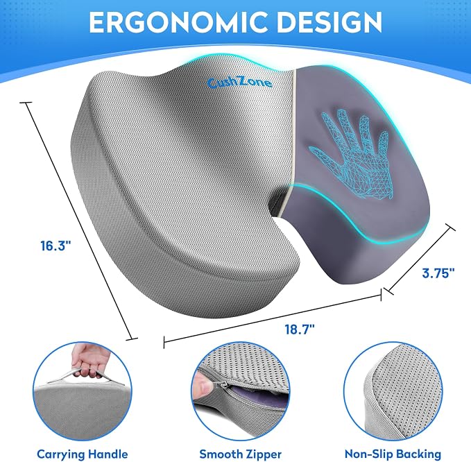 CushZone XL Memory Foam Seat Cushion for Office & Car, Light Gray | U-shaped Coccyx Cutout, Contoured Design, Breathable Removable Mesh Cover, Non-Slip Base, Carry Handle - Image 4