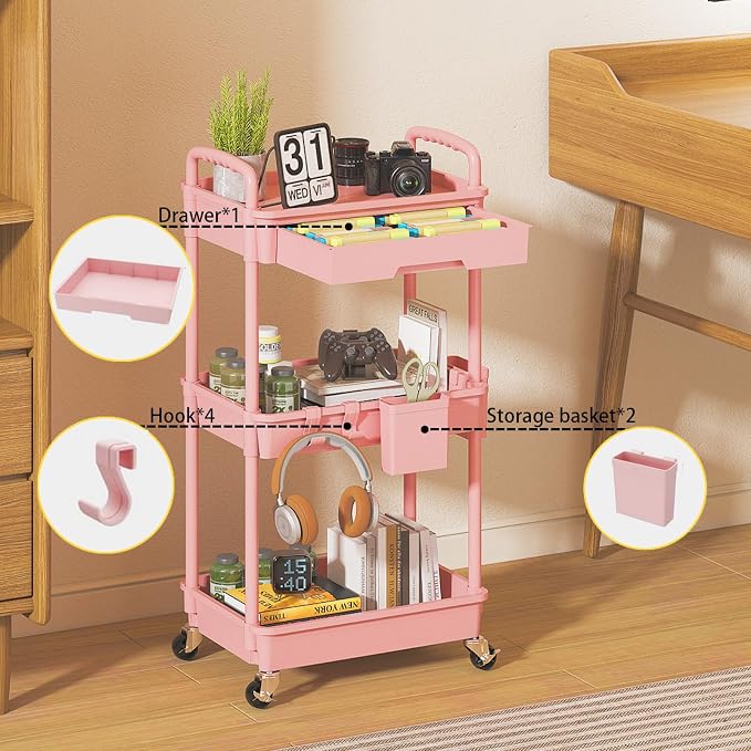 3 Tier Rolling Utility Cart with Drawer, Plastic Storage Organizer Rolling Carts with Wheels Handles Hanging Cups Hooks for Office, Bathroom, Kitchen,Craft Art Room (Pink) - Image 3