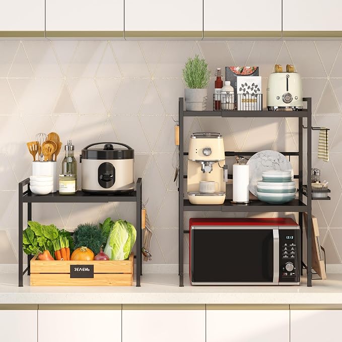 DOLALIKE Microwave Oven Rack, Expandable Microwave Stand Countertop Kitchen Utensils Tableware Storage, Carbon Steel Over Microwave Shelf Countertop with 3 Hooks | Adjustable Microwave Oven Rack Metal Storage Shelf for Pans Small Appliances Kitchen Ute... - Image 2