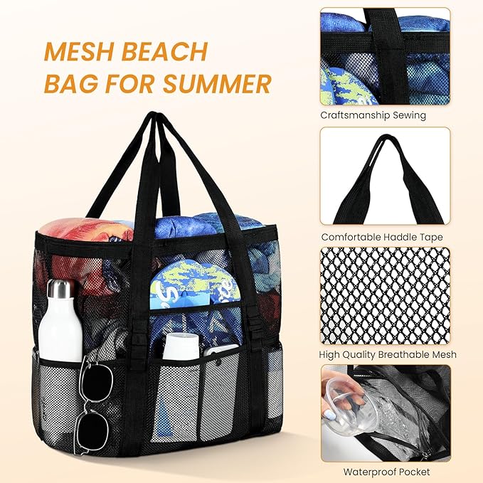 Tavaleu Mesh Beach Bag, Large Capacity Beach Tote, Multi Pockets, Sandproof | Mesh Material, Multiple Storage Pockets, Lightweight & Foldable Design, For Beach & Pool Use, Easy to Clean & Quick Dry - Image 4