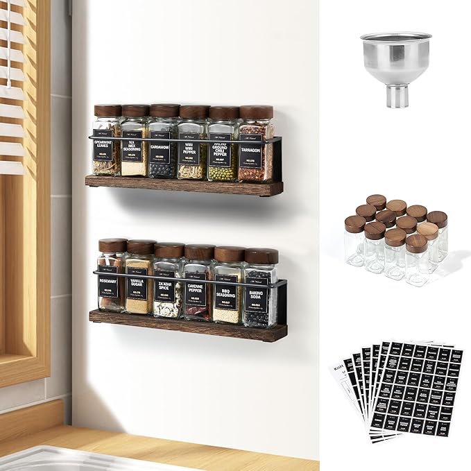 Wooden Lid Magnetic Spice Rack with 12 Jars, 216 Labels, 1 Steel Funnel for Refrigerator，Microwave Oven - Full Set of Spice Organizer by KitHero