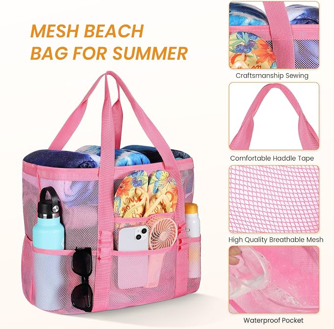 Tavaleu Mesh Beach Bag, Large Capacity Beach Tote, Multi Pockets, Sandproof | Mesh Material, Multiple Storage Pockets, Lightweight & Foldable Design, For Beach & Pool Use, Easy to Clean & Quick Dry - Image 4