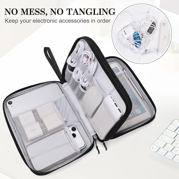 FYY Electronic Organizer, Travel Tech Pouch Bag, Extra Large, Black Quilted | Wrist Strap, Waterproof, Double Layers Electronics Travel Case for iPad, Cord, Laptop Charger, Daily and Business Trips Use - Image 5