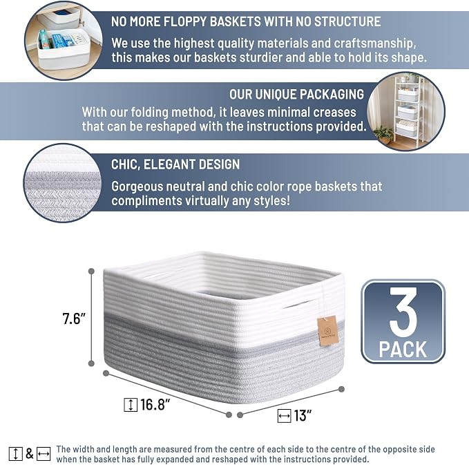 NaturalCozy Storage Baskets 16.8”x13”x7.6” Cotton Rope Woven Baskets for Organizing 3-Pack | Toy Storage Bins | Basket for Shelves, Laundry, Blanket, Clothes, Closet, Kitchen, Bathroom, Gifts - Image 2