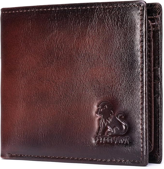 Men's Cowhide Leather RFID Wallet, Slim Bifold (Dark brown) | 2 Clear ID Windows, 10 Card Slots, Zipper Coin Pocket, Gradient Finish for Business, Travel, Daily Carry and Gifts by STEELLION