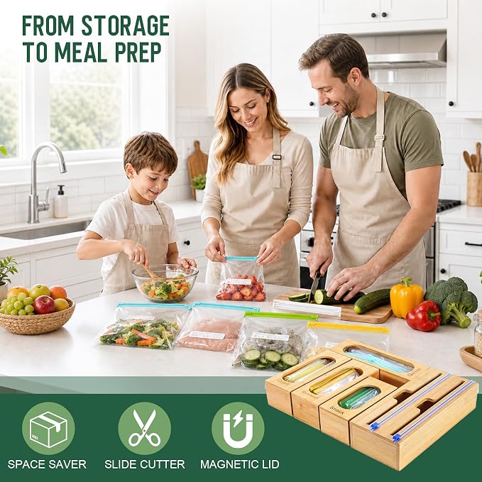 Storage Bag Organizer for Kitchen Drawer, 5-Slot, Bamboo | Bamboo, 5 Independent Boxes, Slide Cutter, Magnetic Lid, Space-Saving Drawer Organizer - Image 8