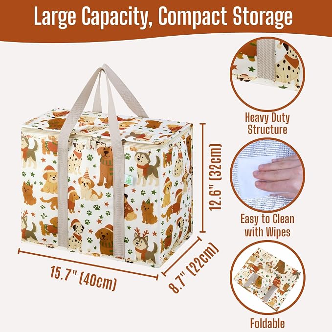 VENO 2 Pack Insulated Cooler Bag for Food Delivery, Reusable Grocery Bag | Heavy Duty Large Collapsible Cooler Shopping Tote w/ Zippers, Foldable, Stands Upright for Camping (Holiday Pups, 2 Pack) - Image 2