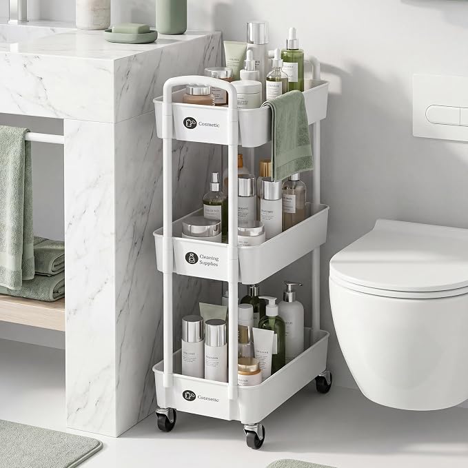 Laiensia 3-Tier Rolling Cart with Wheels,Multifunction Utility Storage Carts, Kitchen Storage Organizer,Mobile Shelving Unit for Bathroom,Laundry,with Classified Stickers,White - Image 7