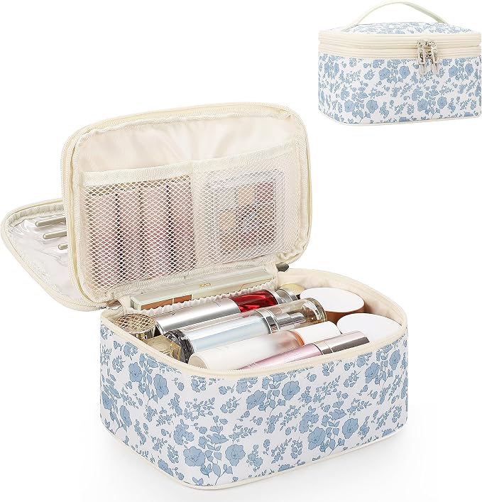 Relavel Travel Makeup Bag, Floral Cosmetic Bag with Brush Compartment | Large Portable Makeup Pouch for Women with Handle, Double Layer Makeup Organizer Toiletry Bag for Travel-size Necessaries by Relavel