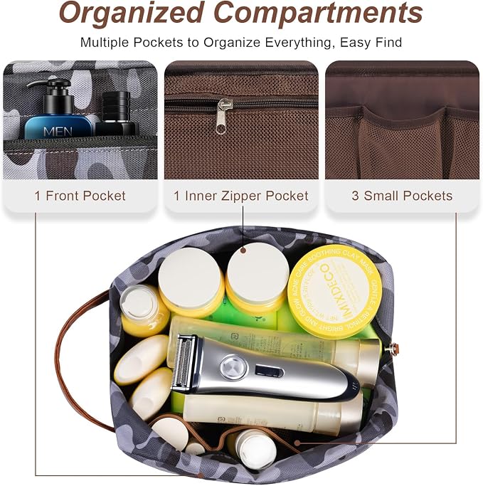 Travel Toiletry Bag for Men, Hanging Toiletry Organizer, Water Resistant Shaving Kit with Large Capacity for Travel Accessories (Camo-Gey, Medium) - Image 4