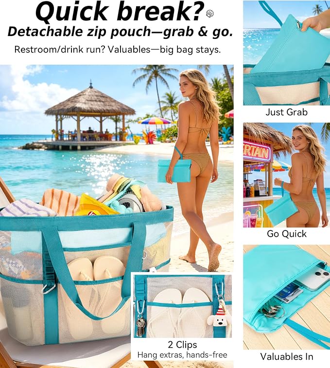 Chic Cruise Essentials Beach Bag for Women, Large Zip Top Tote, 11 Pockets | 40L+ Spacious;Mesh × Canvas;Zipper Pouch;Secure Zip-Top;Sand-Resistant Base - Image 5