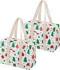 VENO 2 Pack Utility Tote Reusable Grocery Bags with Zipper & Hard Bottom | Heavy Duty Foldable Water-Resistant Shopping Bags for Summer Beach, Pool, Picnic & Travel Carry-on (Jingle Mix, 2 Pack) by Veno