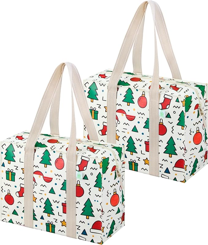 VENO 2 Pack Utility Tote Reusable Grocery Bags with Zipper & Hard Bottom | Heavy Duty Foldable Water-Resistant Shopping Bags for Summer Beach, Pool, Picnic & Travel Carry-on (Jingle Mix, 2 Pack) by Veno