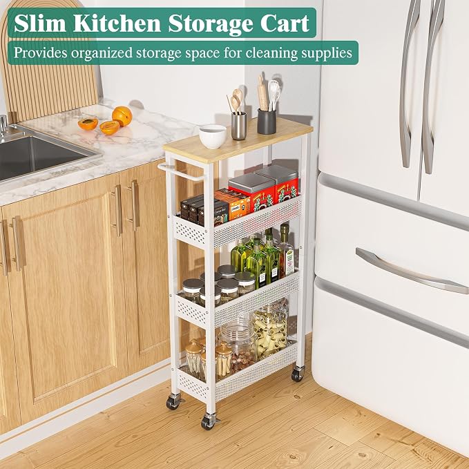 Slim Rolling Storage Cart 4 Tier Bathroom Organizer Mobile Shelving Unit Utility Cart with Wood Top and Handle for Kitchen Laundry Narrow Places, White - Image 8