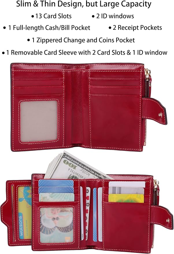 Women's RFID Blocking Leather Small Compact Bi-fold Zipper Pocket Wallet Card Case Purse with id Window - Image 2