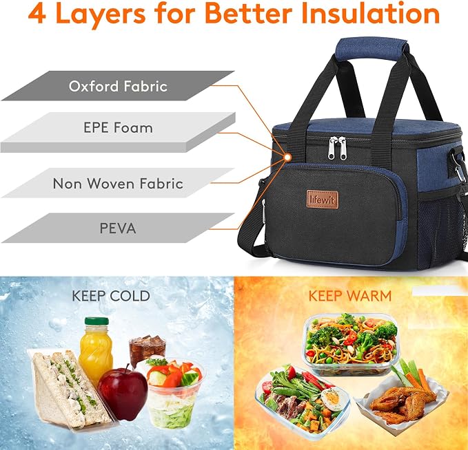 Lifewit Medium Lunch Bag, Insulated Lunch Box, Soft Cooler Cooling Tote for Adult Men Women, Black and Green 12-Can (9L) - Image 2