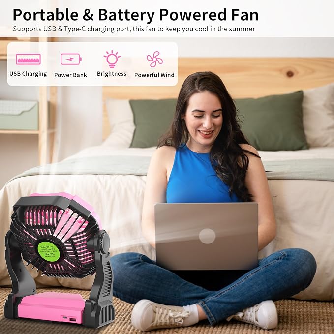 Portable Fan Rechargeable Camping Tent Fan Rechargeable Essentials | 20000mAh Cordless Battery Powered Operated Fan Camping Fan with Light, USB Rechargeable Desk Fan Portable for Travel X23 Pink - Image 2