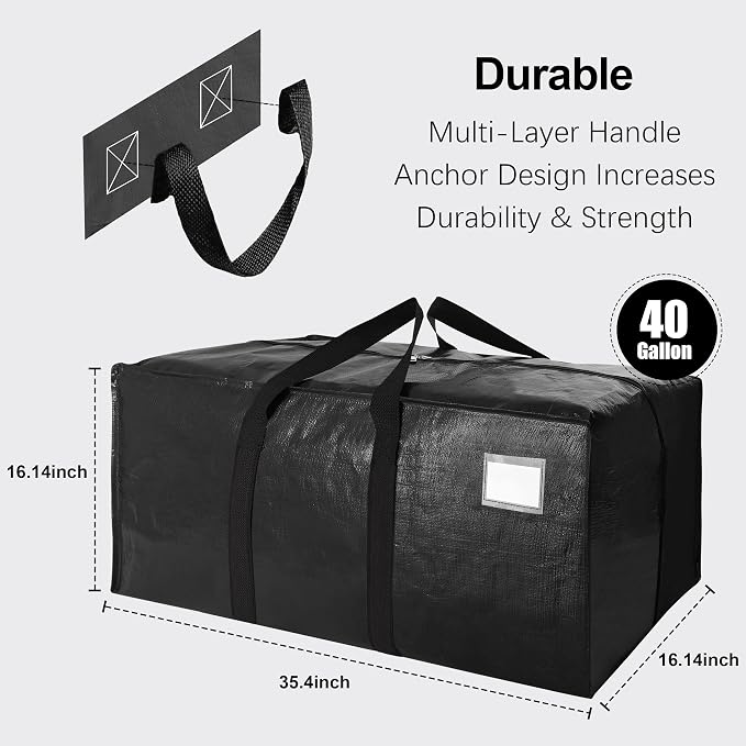 6 Pack Heavy Duty Extra Large Moving Bags W/Backpack Straps - Strong Handles & Zippers, Storage Totes For Space Saving, Fold Flat, Alternative to Box and Bin (40 gal, Black) - Image 2