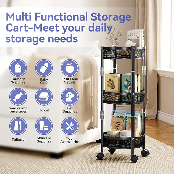 TOOLF 3 Tier Foldable Rolling Cart, Metal Utility Storage Cart, Black | Assembly-Free, Lockable Wheels, Round Trolley Organizer for Bathroom, Kitchen, Office, Dorm, Laundry, Craft Room - Image 5
