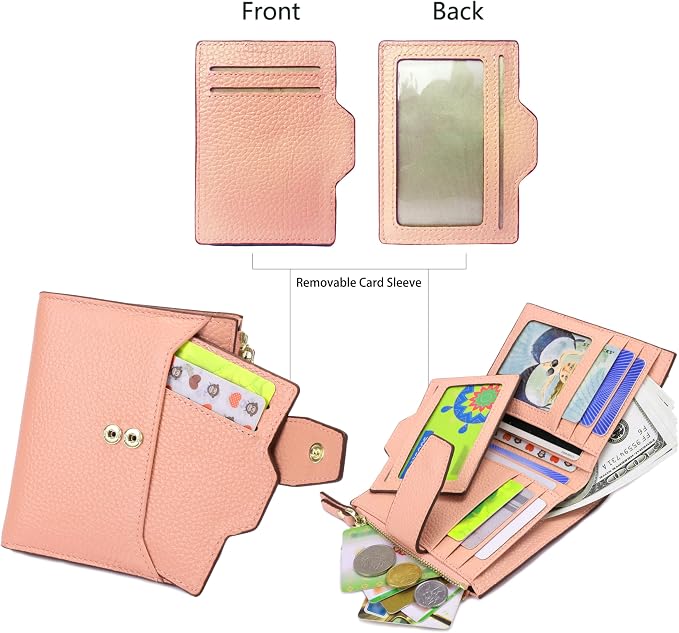 Women's RFID Blocking Leather Small Compact Bi-fold Zipper Pocket Wallet Card Case Purse with id Window - Image 3