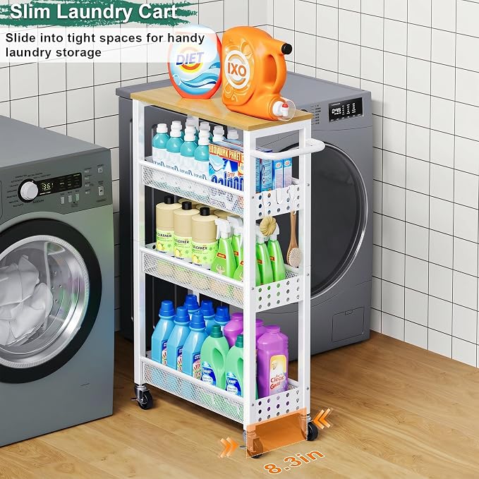 4 Tier Slim Rolling Cart with Wheels for Between Washer and Dryer Storage | White Metal Rolling Spice Rack Next to Fridge, Narrow Kitchen Cabinet for Small Spaces, Laundry Room Organizer Carts - Image 7