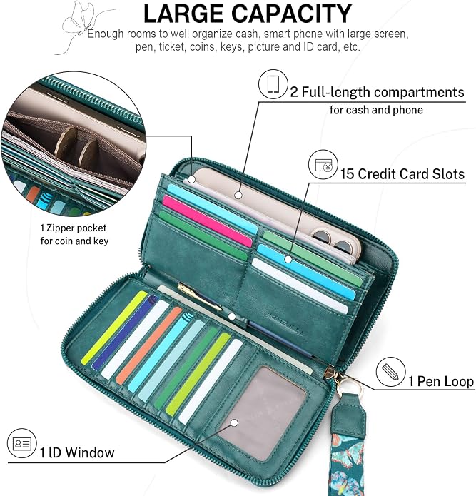 KITEVIUN RFID Wallet Women, Large Capacity Butterfly Cell Phone Clutch Purses Ladies Wristlet Wallets for Women - Image 4