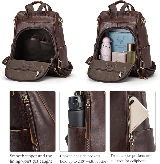 S-ZONE Leather Backpack Purses for Women Antitheft Rucksack Shoulder Bag Medium | Genuine Leather, Medium Fits 9.7-inch Tablet, for Work Travel Daily Commute, Multi Pockets, Adjustable Dual Straps - Image 4