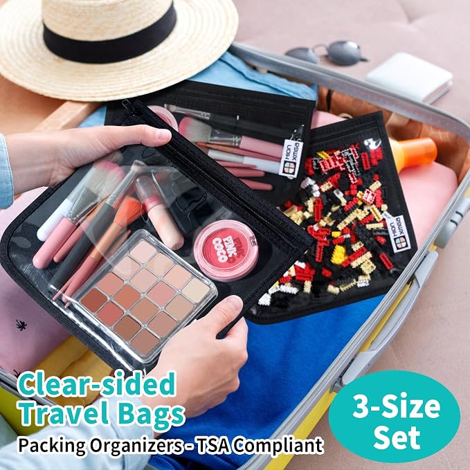 HIONXMGA Set of 3 Clear Travel Toiletry Bag, TSA Approved, Quart Size S/M/L | Clear Front Zipper Pouches Waterproof Cosmetics Bags for Women Kids Toiletries Baby Essentials Well-Organized Carry, Black - Image 2