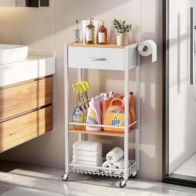 Lewondr 3-Tier Slim Storage Cart with Drawer, Rolling Utility Cart, White | Handle & Lockable Wheels, with Wood Top, Metal Frame, Kitchen Bathroom Laundry Room Organizer for Small Spaces by Lewondr