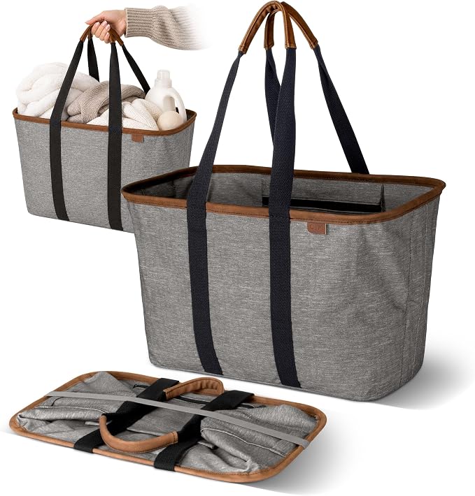 CleverMade Collapsible Tote LUXE, 30L Structured Tote Bag with Handles | Pack It All Without the Floppy-Bag Fight | Steel Rim Stays Open, Soft Grips Carry 30 lb, and Tote Folds to 1.5 Inches by CleverMade