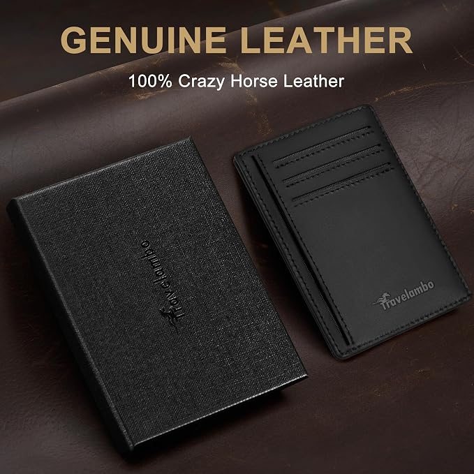 Travelambo 100% Genuine Leather Wallet for Men and Women, Slim Minimalist RFID Blocking Front Pocket Credit Card Holder with Gift Box(CH Black) - Image 2