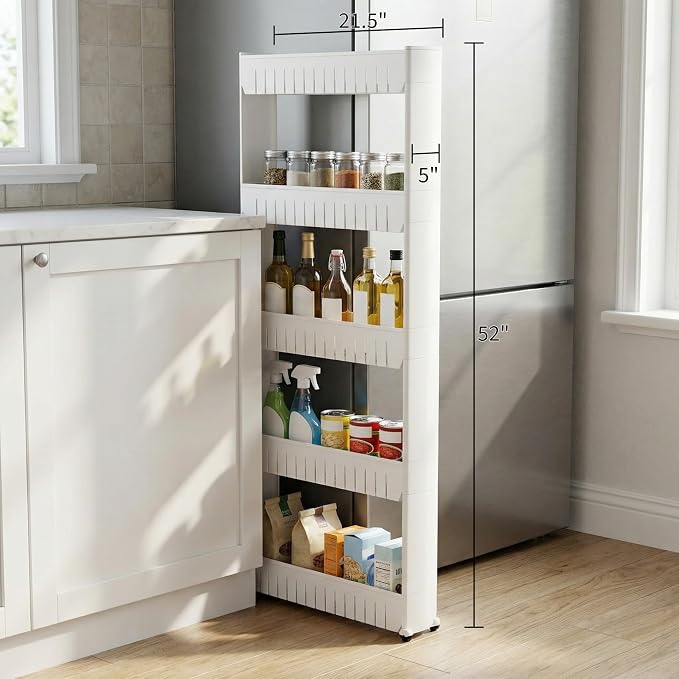 Lavish Home Slim Rolling Storage Cart, White, 21.5” x 5” x 52” - Image 3