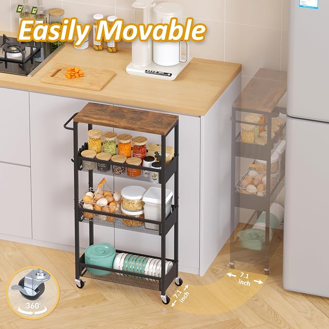 Vincona 7.1" Wide Slim Rolling Utility Cart, 4 Tier Metal Narrow Storage Cart with Handle and Wood Top, Multifunctional Small Mobile Shelf Unit Organizer Trolley for Laundry, Bathroom, Kitchen - Image 3