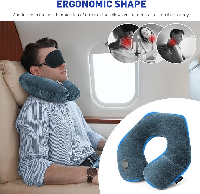 Rewondah Neck Pillows for Travel, Inflatable Travel Pillow, Inflatable Neck Pillow for Traveling Airplane with Soft Velour Washable Cover, U Shape Blow Up Neck Pillow for Airplanes Train Car Travel - Image 2