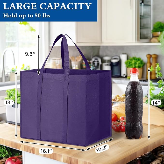 Reusable Grocery Shopping Bags 10 Pack Large Foldable Tote Bags Bulk | Eco Produce Bags with Long Handle for Shopping Groceries Clothes (Purple) - Image 4