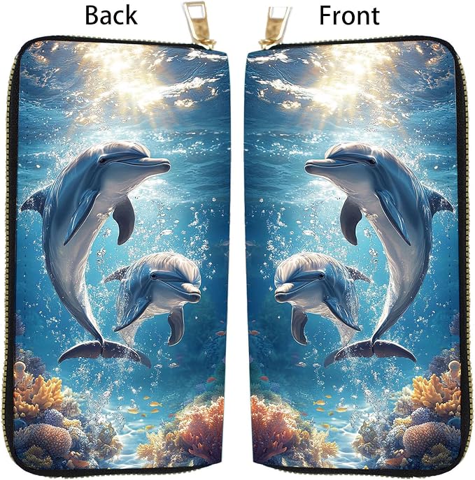 Women's RFID Blocking PU Leather Zip-Around Wallet, Large Capacity Clutch with Phone Holder, Travel Purse & Card Organizer with Removable Wristlet,Cute Dolphins - Image 5