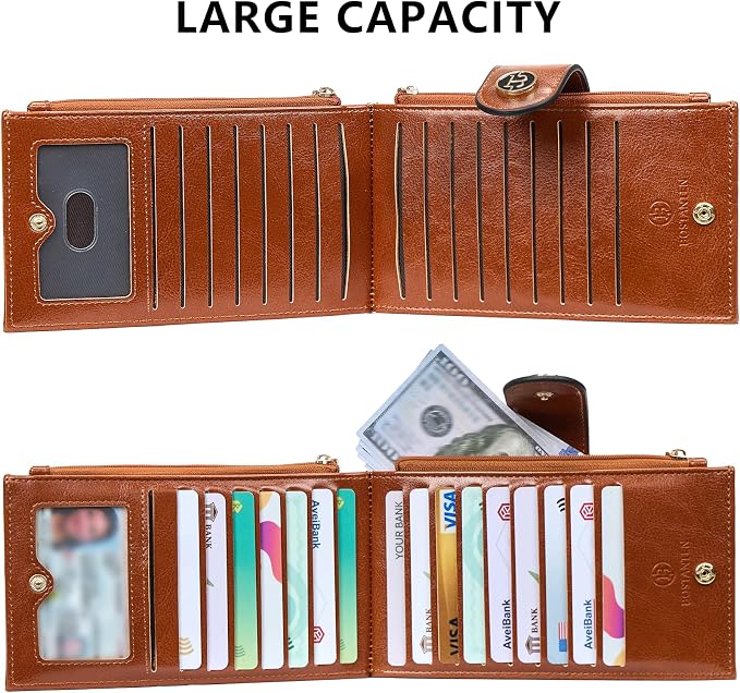 BOSTANTEN Leather Womens Wallet Large RFID Blocking Slim Card Holder | 16 Card Slots, 2 Zipper Pockets, Bifold, Long, Fits Most Purses, Organized Everyday Carry, Ladies Gifts, Brown - Image 5